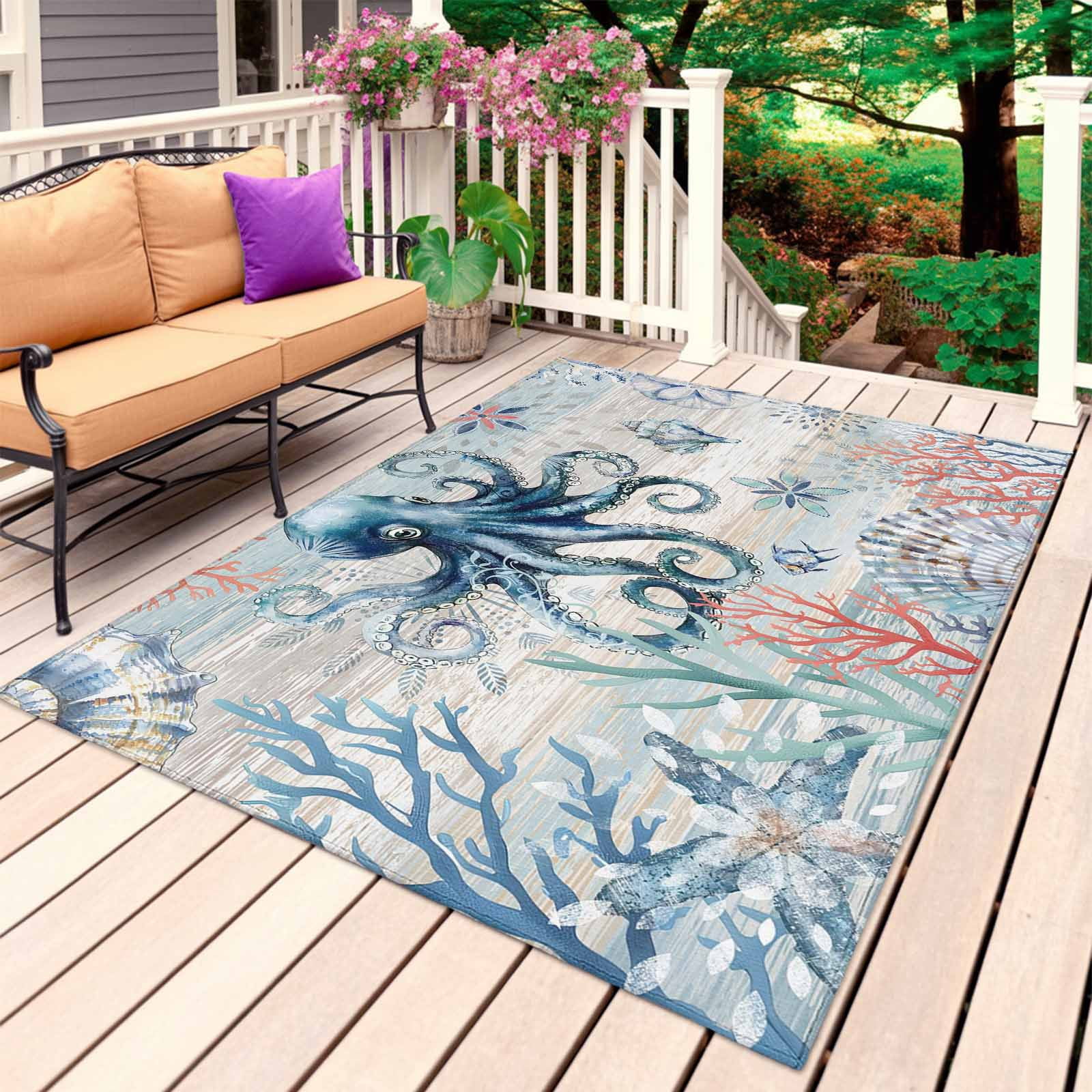 Outdoor Rugs With Fish Coastal Octopus Outdoor Rug for Patio/Deck/Porch, Non-Slip Large Area ...
