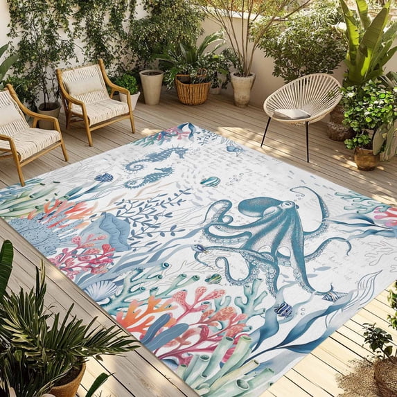 Coastal Octopus Outdoor Rug for Patio/Deck/Porch, Non-Slip Large Area Rug 6 x 9 Ft, Summer Beach Nautical Ocean Coral Seahorse Indoor Outdoor Rugs Washable Area Rugs, Camping Rug Carpet Runner