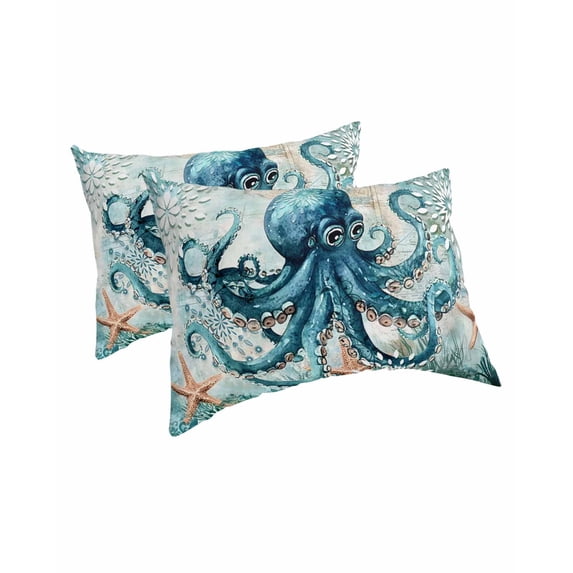 Coastal Octopus Pillow Covers Queen Size 2 Pack, Vintage Teal Nautical Beach Starfish Soft Bed Throw Pillowcases Breathable Cooling Long Lumbar Body Pillow Sham Cover for Bed Sofa 20''x30''