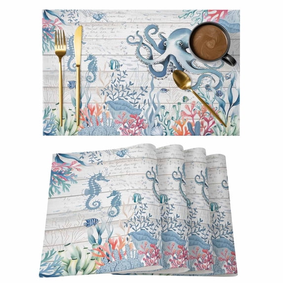 Coastal Octopus Placemats Set of 8 Beach Nautical Ocean Coral Seahorse Vintage Place Mats Indoor Wipeable Table Mats Washable Dining Table Placemats for Kitchen Holiday Party Home Decor 13x19 Inch
