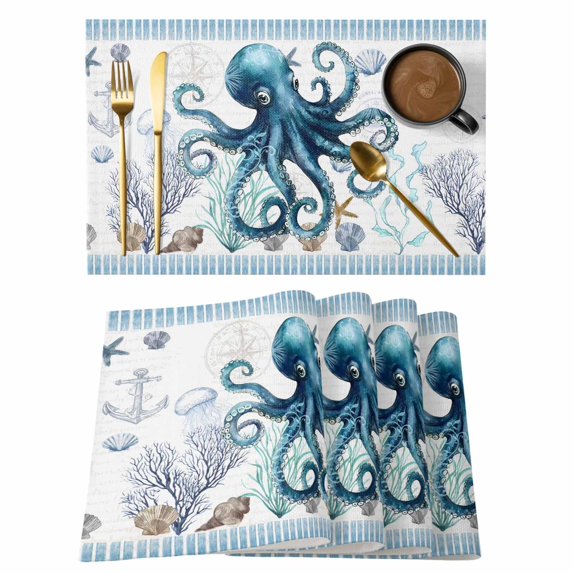 Coastal Octopus Placemats Set of 8, Nautical Starfish Shell Jellyfish Anchor Placemats for Dining Table, Place Mats for Kitchen Tabletop, Waterproof Wipeable Dining Table Mats Set
