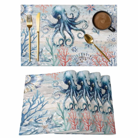 Coastal Octopus Placemats Set of 8, Ocean Nautical Conch Coral Fish Shells Placemats for Dining Table, Place Mats for Kitchen Tabletop, Waterproof Wipeable Dining Table Mats Set
