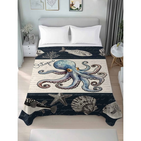 Coastal Octopus Queen Size Flat Sheet, Wrinkleproof & Fadeproof Cooling Flat Bed Sheet Only, Nautical Ocean Beach Fish Starfish Breathable Soft Bedding Top Sheets 90 x 102 Inches