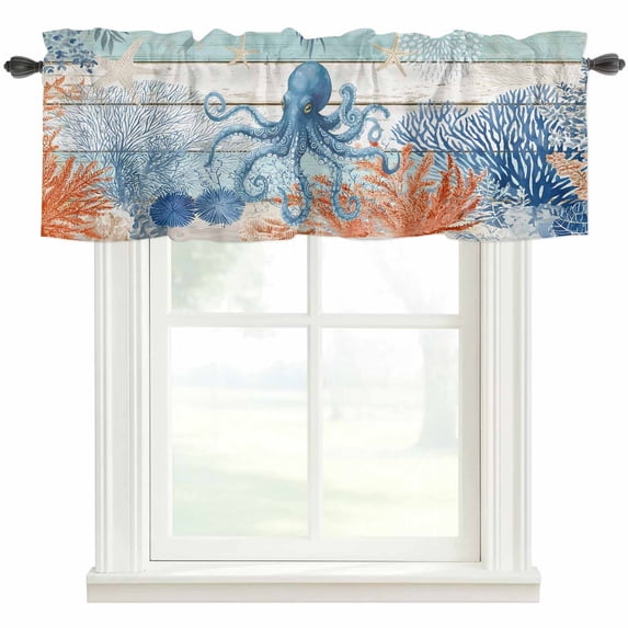 Leaf Tech Coastal Octopus Rod Pocket Curtain Valance, Nautical Coral Leaf ...