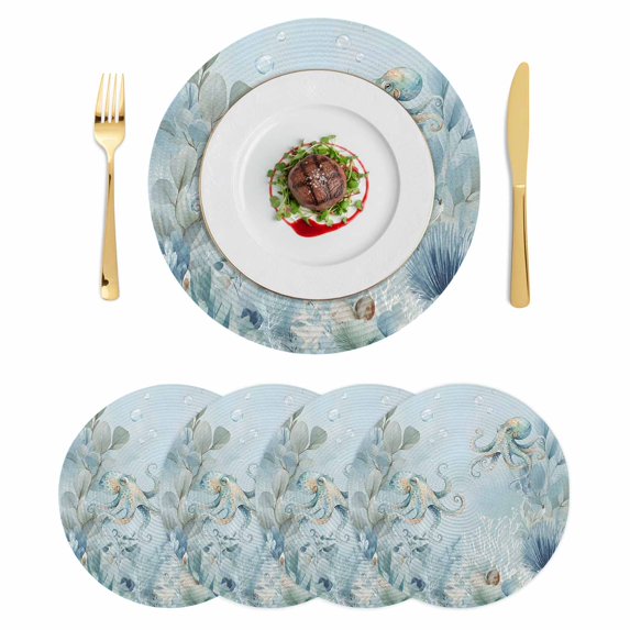 Coastal Octopus Round 13 Inch Placemats Set of 4, Farmhouse Eucalyptus Leaf Marine Lifes HeatResistant Non Slip Place Mats for Dining Table, Wipeable Braided Kitchen Table Mats for Housewarming