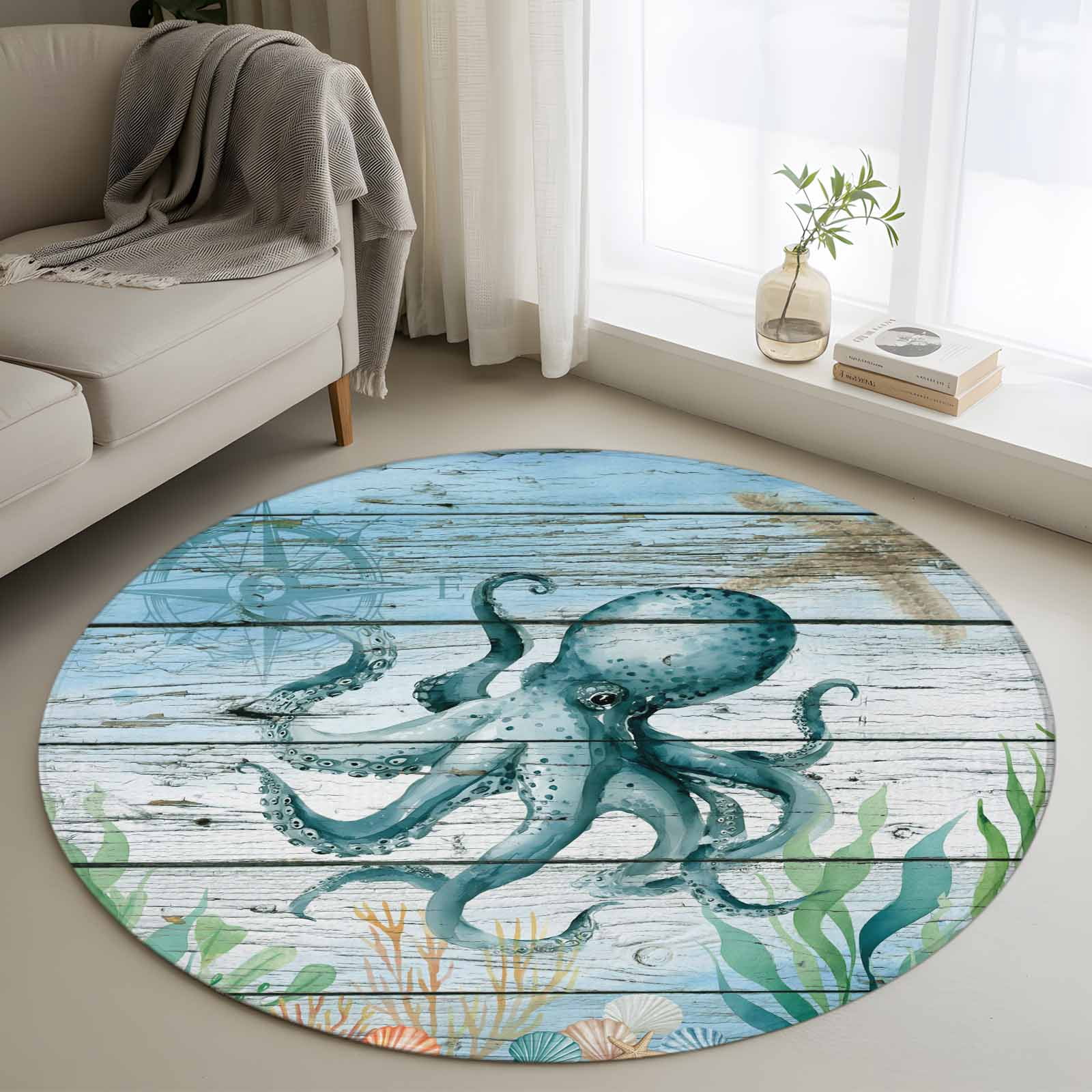 Coastal Octopus Round Area Rug 4ft, Nautical Starfish Seaweed Coral ...