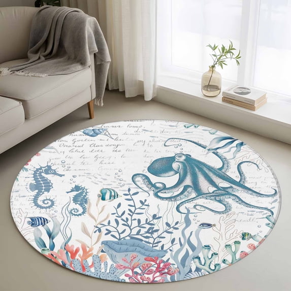 Coastal Octopus Round Area Rug 4ft, Summer Beach Nautical Ocean Coral Seahorse Washable Non-Slip Circle Rugs for Bedroom Living Room Kitchen, Soft Non Shedding Circle Carpet for Dining Room Dorm