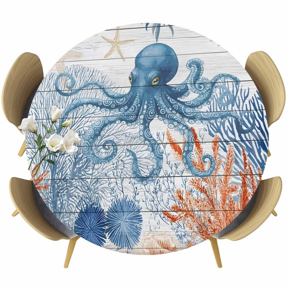 Coastal Octopus Round Tablecloth 45-54 Inch Round Fitted Table Cloth with Elastic Edge, Blue Nautical Ocean Creature Wood Grain Waterproof Table Cover Protector for Outdoor Picnic Party Dining