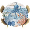 thumbnail image 1 of Coastal Octopus Round Tablecloth 45-54 Inch Round Fitted Table Cloth with Elastic Edge, Nautical Coral Leaf Turquoise Wood Grain Waterproof Table Cover Protector for Outdoor Picnic Party Dining, 1 of 9