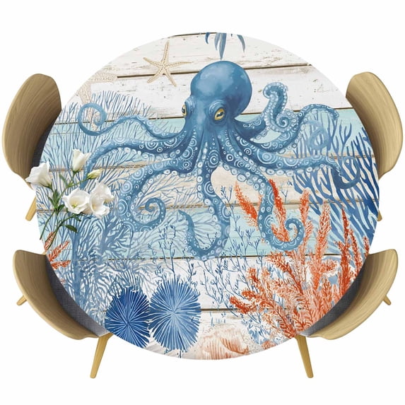 Coastal Octopus Round Tablecloth 45-54 Inch Round Fitted Table Cloth with Elastic Edge, Nautical Coral Leaf Turquoise Wood Grain Waterproof Table Cover Protector for Outdoor Picnic Party Dining
