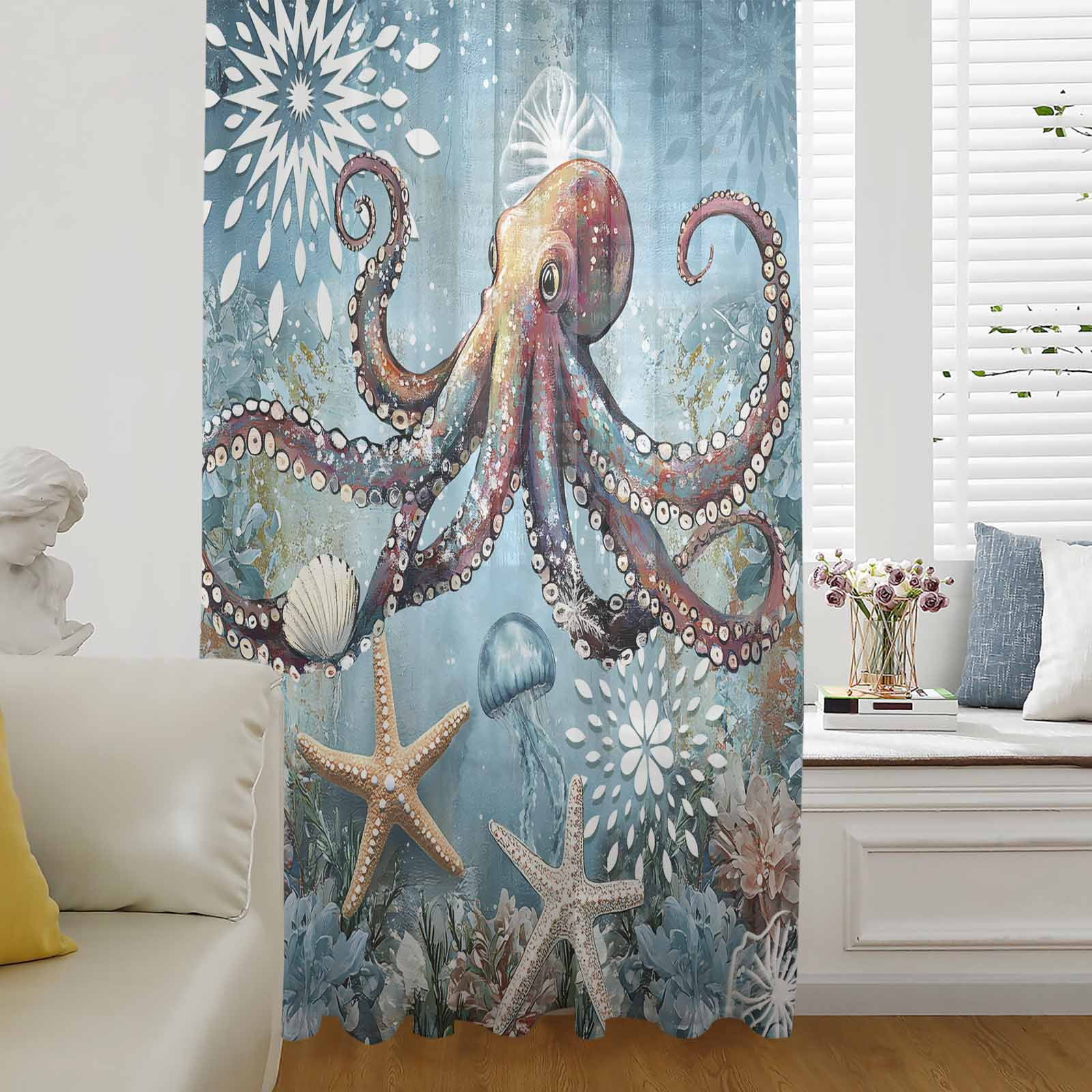 Coastal Octopus Semi Sheer Curtains Drapes for Living Room, Bedroom ...