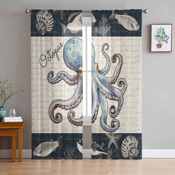 Coastal Octopus Sheer Curtains 63 Inches Length 2 Panels Set, Window Sheer Curtains for Living Room/Bedroom, Nautical Ocean Beach Fish Starfish Light Filtering Rod Pocket Curtain 52'' x 63'' x 2
