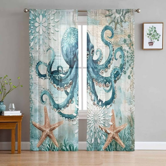Coastal Octopus Sheer Curtains 63 Inches Length 2 Panels Set, Window Sheer Curtains for Living Room/Bedroom, Vintage Teal Nautical Beach Starfish Light Filtering Rod Pocket Curtain 52'' x 63'' x 2