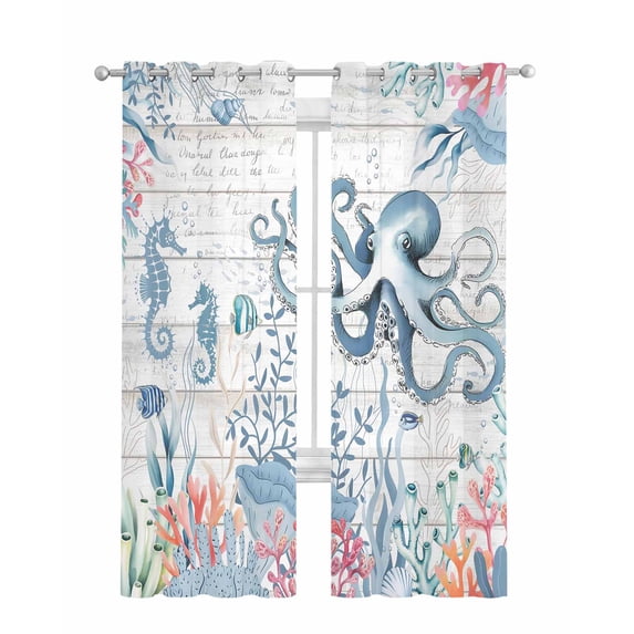 Coastal Octopus Sheer Curtains 84 Inch Length 2 Panels Set for Living Room/Bedroom, Beach Nautical Ocean Coral Seahorse Vintage Kitchen Curtains Grommet Curtains Window Treatments 42"x84"x2
