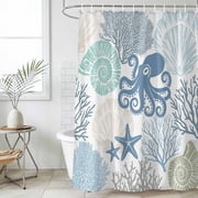 Coastal Octopus Small Stall Shower Curtain, Waterproof Shower Curtains for Bathroom, Ocean Nautical Seashells Coral Conch Washable Fabric Cloth Bath Curtain for Bathtub with Hooks 36x72 Inches
