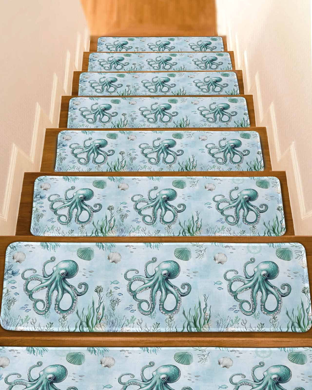 Coastal Octopus Stair Treads for Wooden Steps Indoor Runner Rug Carpet ...