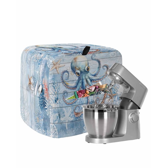 Coastal Octopus Stand Mixer Dust Cover with Storage Pocket & Handles,Nautical Sea Starfish Coral Wooden Grain Fits All Tilt Head & Bowl Lift Kitchen Appliance Cover Organizer Accessories,4.5-5 Quart