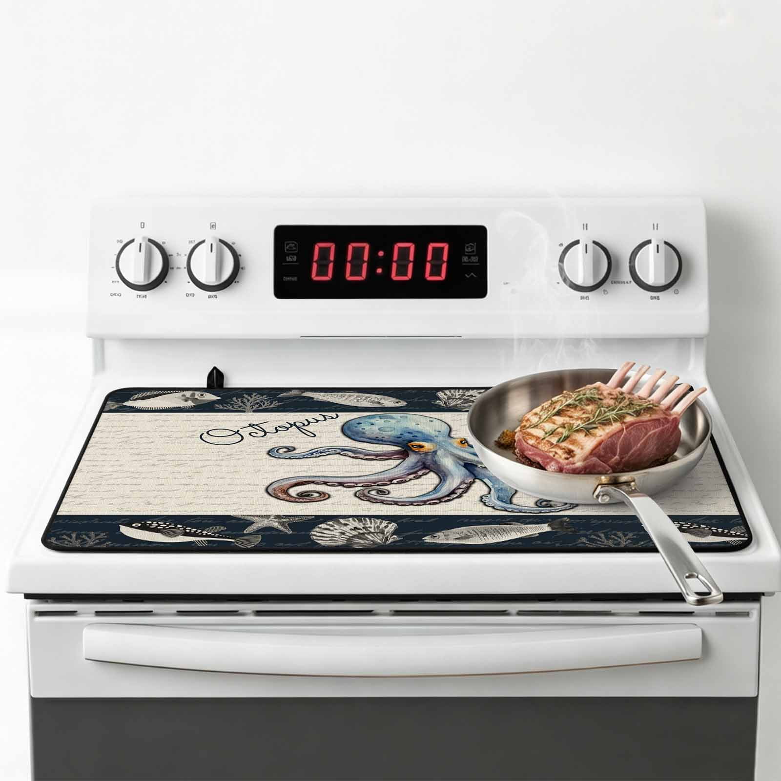 Coastal Octopus Stove Top Cover for Electric Stove, Heat-proof & Non Slip Glass Top Stove Cover Protector, Nautical Ocean Beach Fish Starfish Kitchen Flat Cooktop Rubber Mat 24x21 Inches