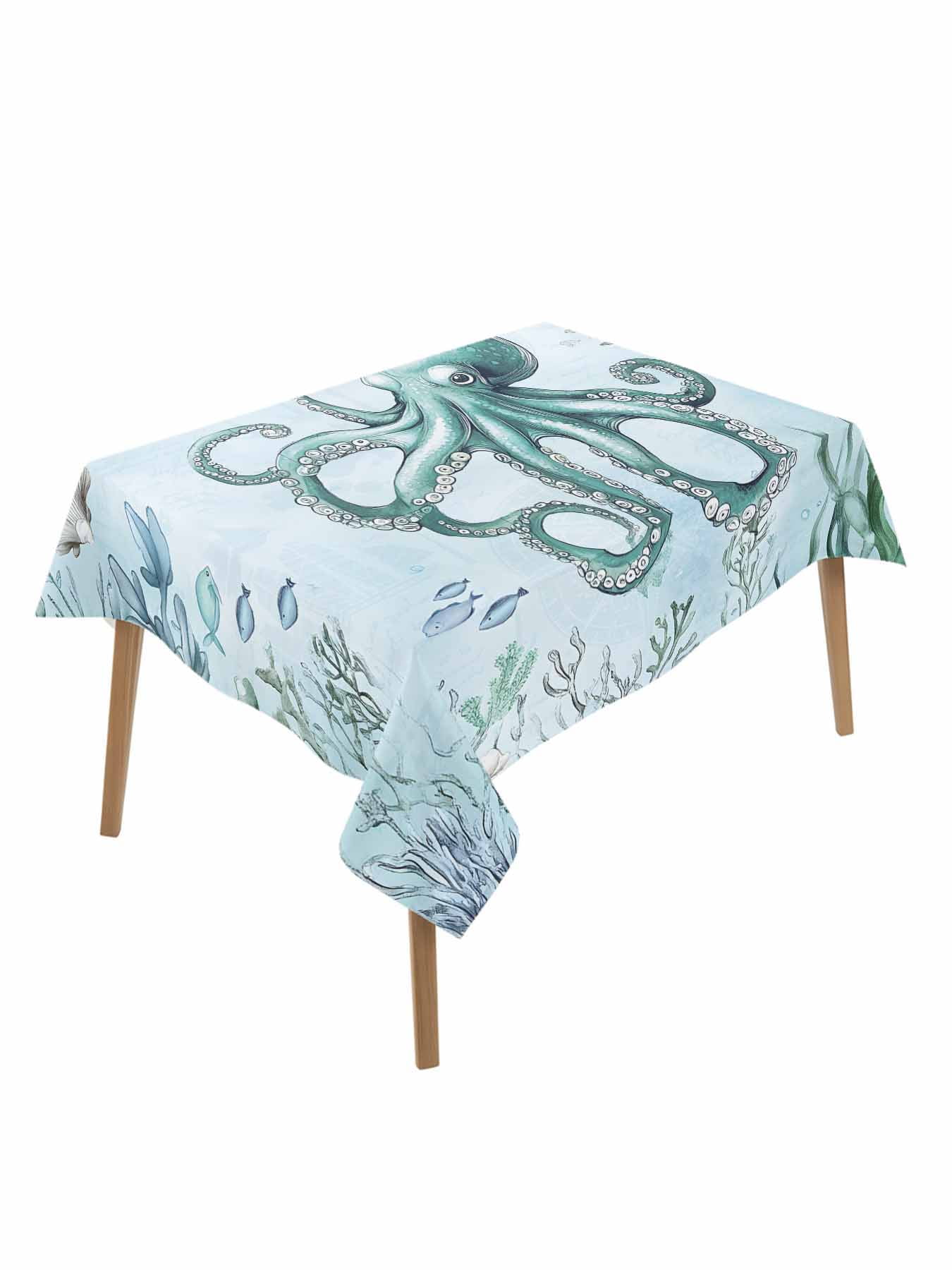 Coastal Octopus Table Cloth, Cyan Nautical Fish Shells Seaweeds ...