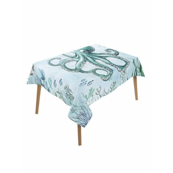 Coastal Octopus Table Cloth, Cyan Nautical Fish Shells Seaweeds Waterproof Tablecloth for Rectangle Tables, Reusable Washable Fabric Table Cover for Restaurant Kitchen Dining Tables 52"x70"