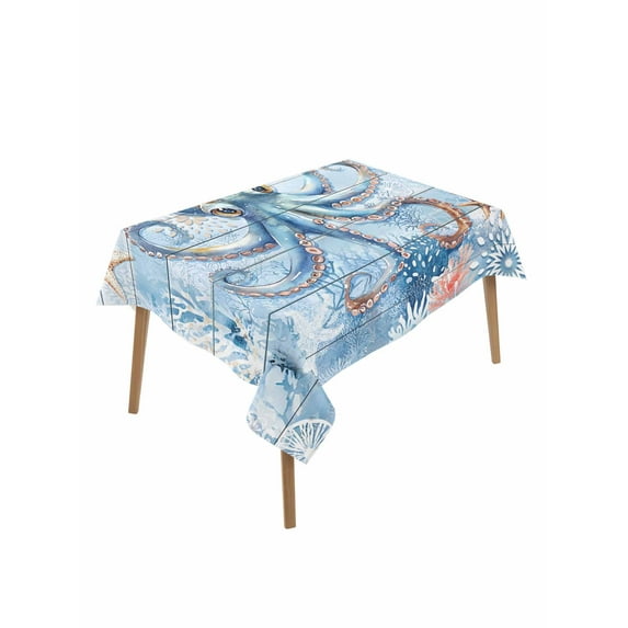 Coastal Octopus Table Cloth, Nautical Sea Starfish Coral Wooden Grain Waterproof Tablecloth for Rectangle Tables, Reusable Washable Fabric Table Cover for Restaurant Kitchen Dining Tables 60"x102"