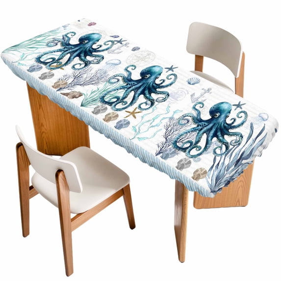 Coastal Octopus Table Cloths for 8 Foot Rectangle Tables, Nautical Starfish Shell Jellyfish Anchor Patio Waterproof Elastic Fitted Tablecloths, Washable Rectangular Table Cover for Camping