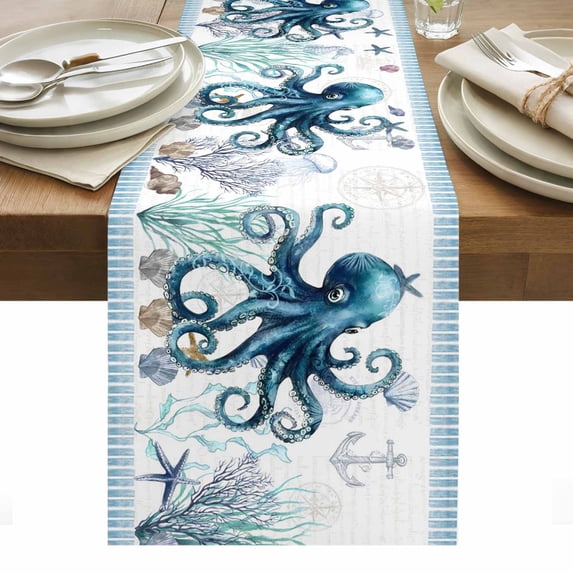 Coastal Octopus Table Runner - 36 Inch Long, Kitchen Dining Table Runner Dresser Scarves, Nautical Starfish Shell Jellyfish Anchor Farmhouse Decor for Coffee Tables Wedding Party Banquet