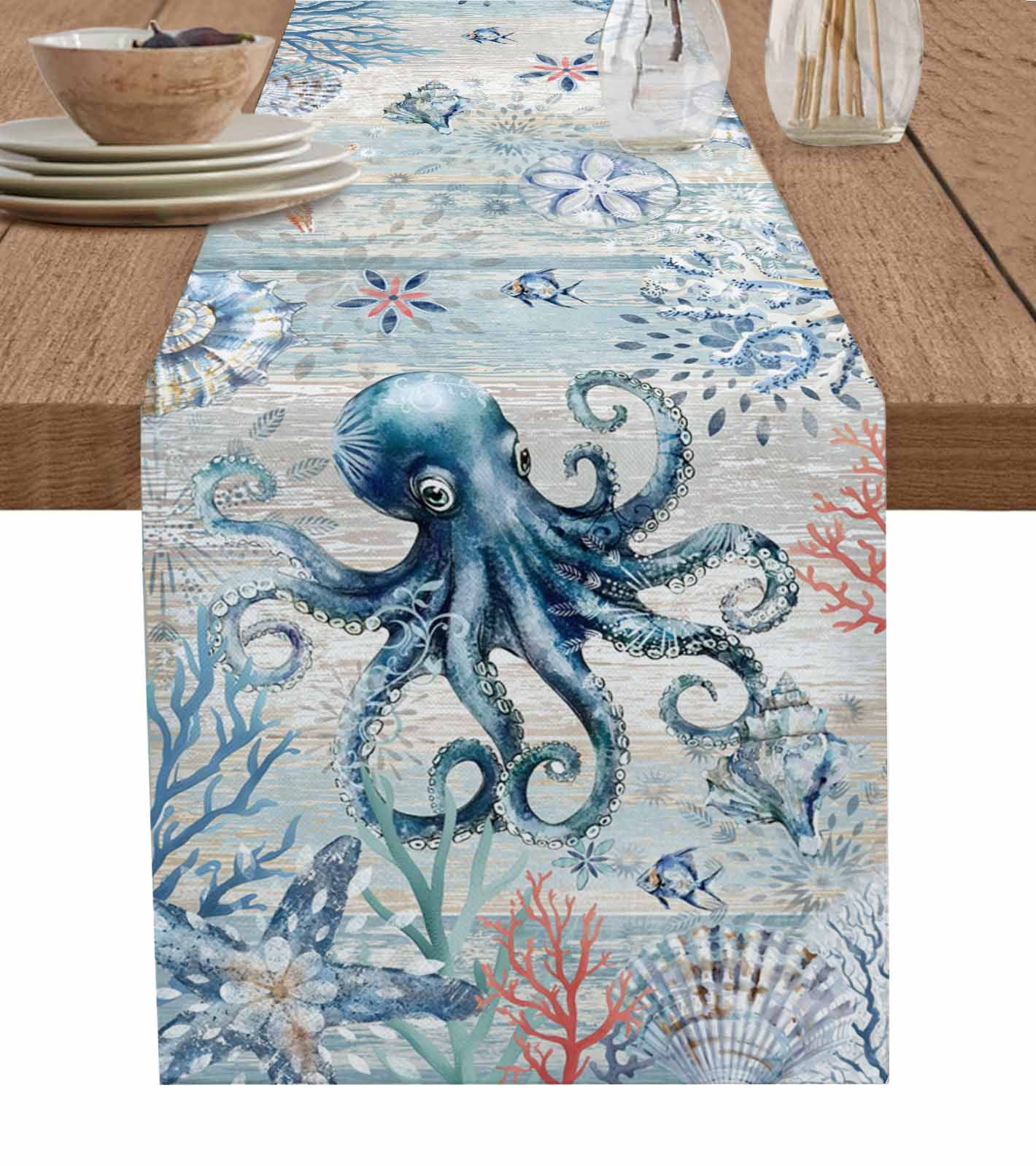 Coastal Octopus Table Runner 48 Inches, Ocean Nautical Conch Coral Fish ...