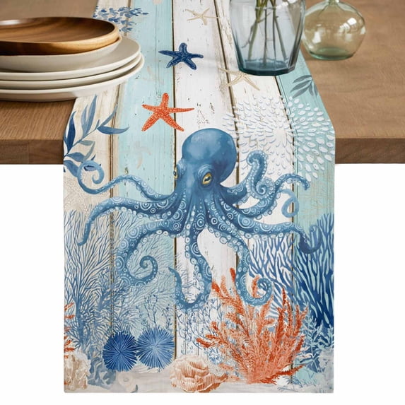 Coastal Octopus Table Runner 70 Inches, Nautical Coral Leaf Turquoise Wood Grain Bed Runner Dresser Scarves Tabletop for Indoor Outdoor Parties/Ceremony/Banquet, 13" x 70"