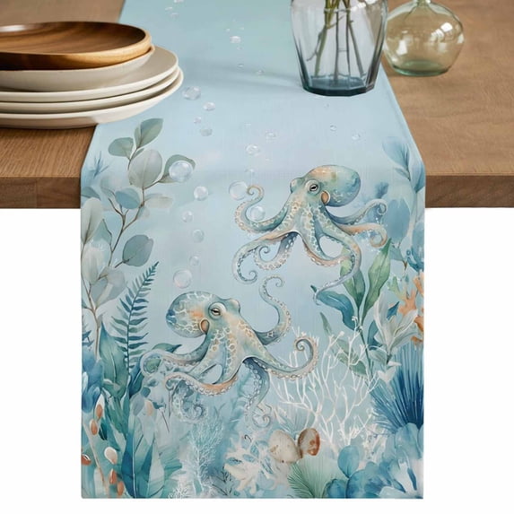 Coastal Octopus Table Runner 72 Inches, Farmhouse Eucalyptus Leaf Marine Lifes Bed Runner Dresser Scarves Tabletop for Indoor Outdoor Parties/Ceremony/Banquet, 14" x 72"
