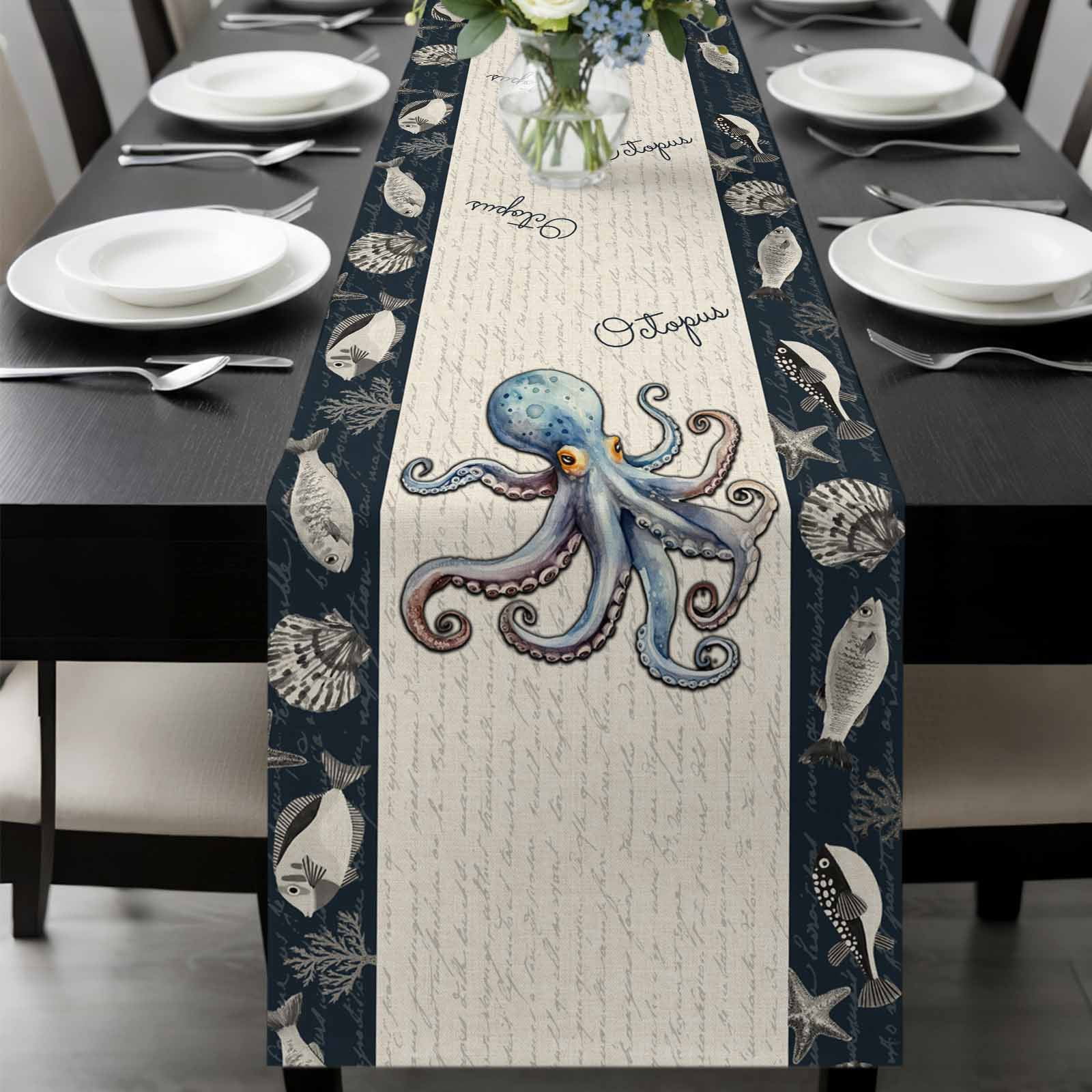 Coastal Octopus Table Runner 72 Inches Long, Nautical Ocean Beach Fish ...