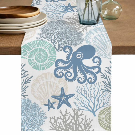 Coastal Octopus Table Runner 72 Inches, Ocean Nautical Seashells Coral Conch Bed Runner Dresser Scarves Tabletop for Indoor Outdoor Parties/Ceremony/Banquet, 14" x 72"