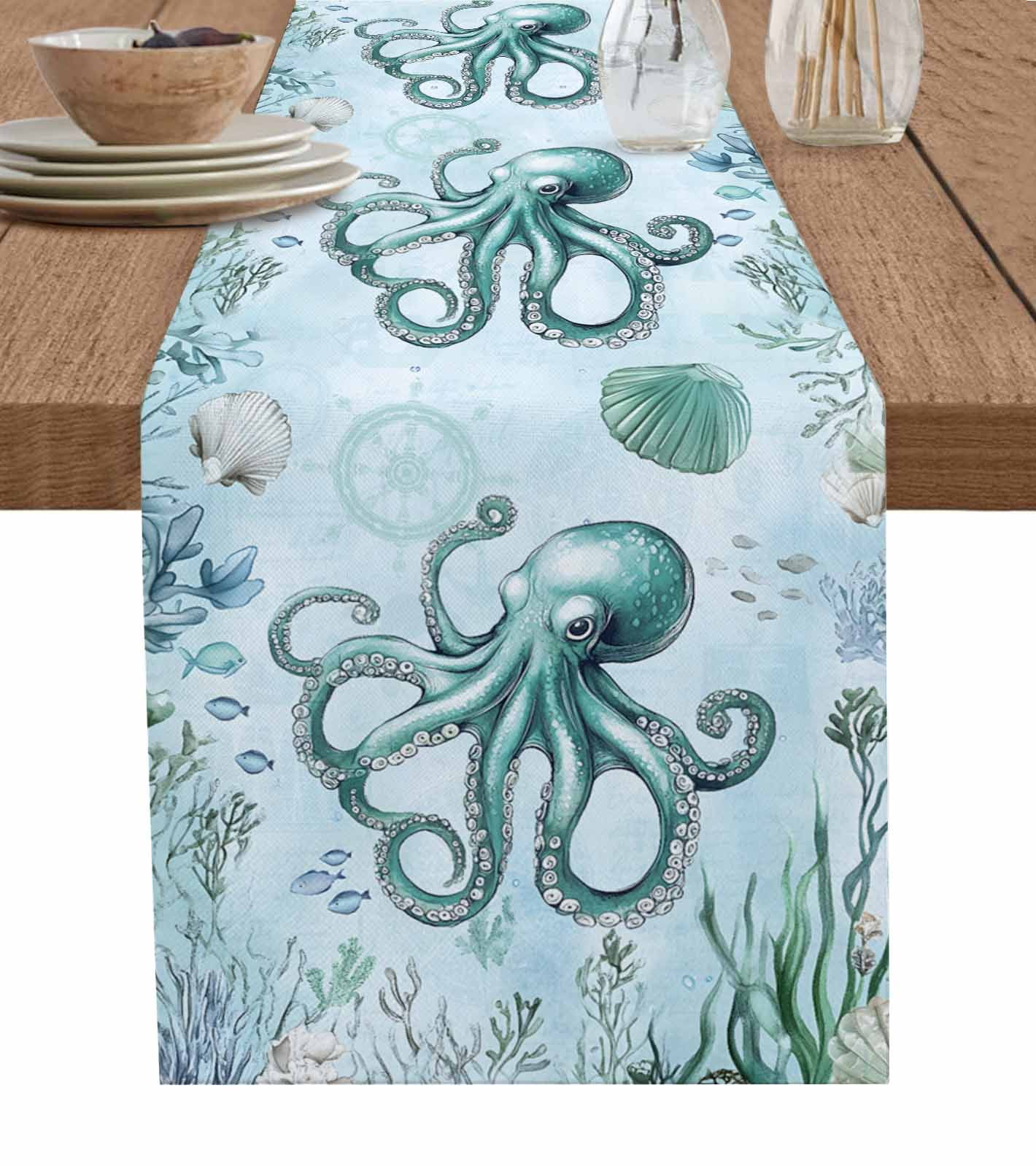 Tabletop Shells Coastal Octopus Table Runner 90 Inches, Cyan Nautical Fish Shells ...