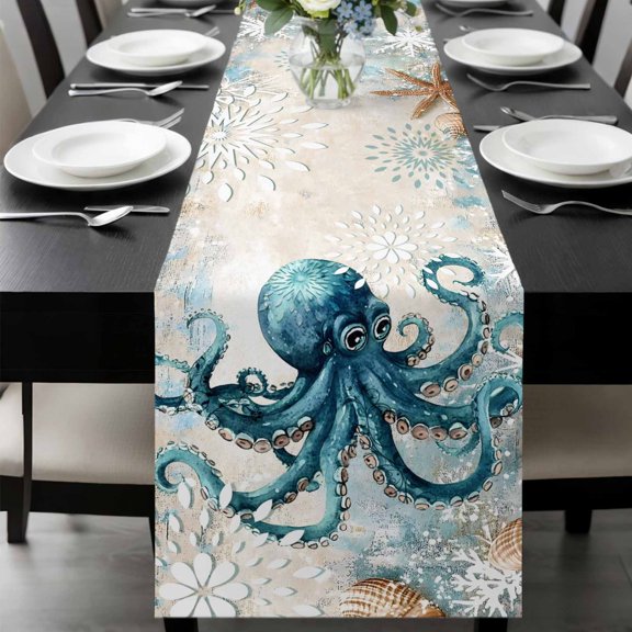 Coastal Octopus Table Runner 90 Inches Long, Nautical Botanical Starfish Kitchen Coffee Dining Table Decoration for Home Party Birthday Wedding Home Decor 13x90 Inches