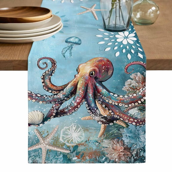 Coastal Octopus Table Runner, Vintage Teal Nautical Beach Botanical Washable Cotton Linen Table Runners 36 Inches Long, Dresser Scarf Runner for Nightstand/End Tables/Round Tables 13''x36''