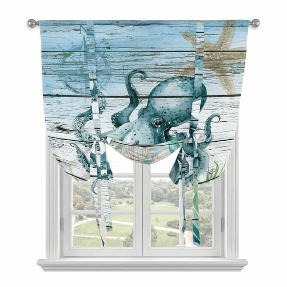 Coastal Octopus Tie Up Curtain Valance for Window,Adjustable Rod Pocket Window Curtains Shades,Nautical Starfish Seaweed Coral Wooden Light Filtering Valance Drapes for Living Room Bedroom 34"x45"