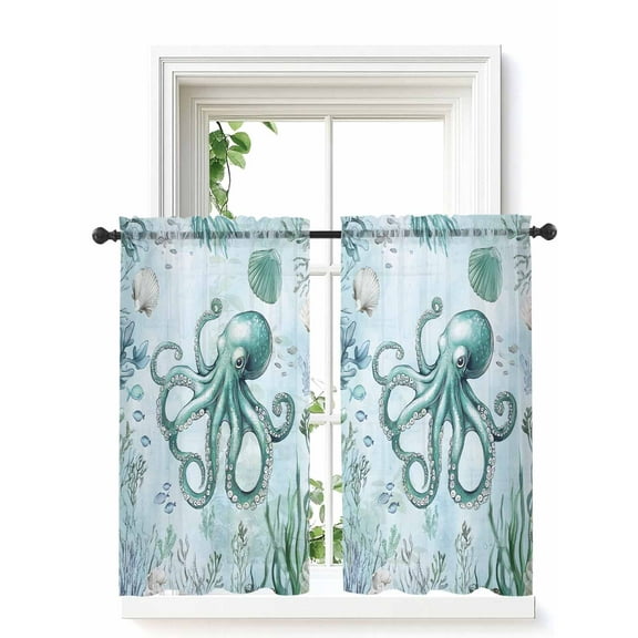 Coastal Octopus Tier Curtains 45 Inch Length,Sheer Curtains for Bedroom Living Room,Cyan Nautical Fish Shells Seaweeds Rod Pocket Voile Drapes Kitchen Curtains Small Half Window 27.5"x45" 2 Panels