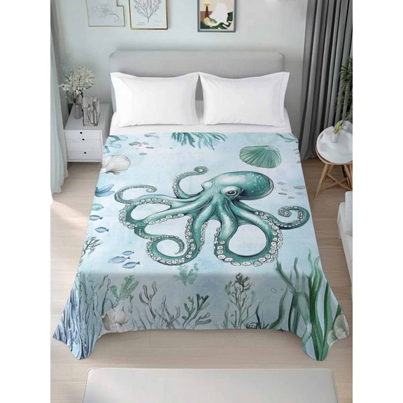 Coastal Octopus Twim Size Flat Sheet, Wrinkleproof & Fadeproof Cooling Flat Bed Sheet Only, Cyan Nautical Fish Shells Seaweeds Breathable Soft Bedding Top Sheets 66 x 96 Inches