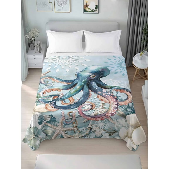Coastal Octopus Twim Size Flat Sheet, Wrinkleproof & Fadeproof Cooling Flat Bed Sheet Only, Summer Beach Vintage Ocean Coral Breathable Soft Bedding Top Sheets 66 x 96 Inches