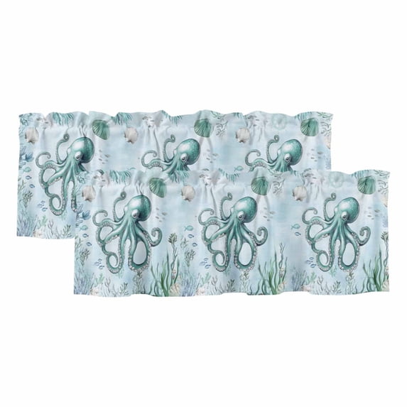 Coastal Octopus Valances for Windows, Decorative Rod Pocket Window Valance Curtains, Cyan Nautical Fish Shells Seaweeds Short Curtain Drapes for Kitchen/Bathroom/Living Room, 2 Panels, 60" W x 18" L