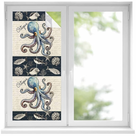 Coastal Octopus Window Privacy Film, Nautical Ocean Beach Fish Starfish Static Cling UV Sun Blocking Heat Control Window Tint Day and Night, Non-Adhesive One Way Windows Privacy Cover 19.6''x39.3''