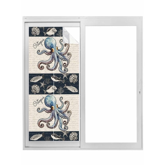 Coastal Octopus Window Privacy Film, Nautical Ocean Beach Fish Starfish Static Cling UV Sun Blocking Tint Film Heat Control Windows Films for Bedroom Bathroom, Window Stickers 29.5"x78.7"