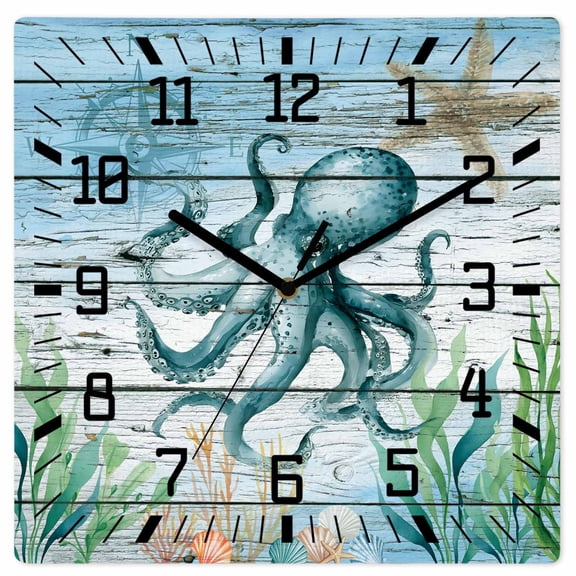 Coastal Octopus Wooden Wall Clock Silent Non Ticking, Nautical Starfish Seaweed Coral Wooden Square Wall Clocks Battery Operated, Decor Clock for Home Office, Living Room, Kitchen, 10 Inch