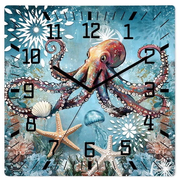 Coastal Octopus Wooden Wall Clock Silent Non Ticking, Vintage Teal Nautical Beach Botanical Square Wall Clocks Battery Operated, Decor Clock for Home Office, Living Room, Kitchen, 10 Inch