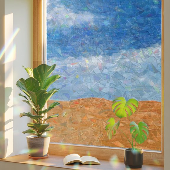 Coastal Orange Beach Blue Sky Window Privacy Film, Rainbow Film Decorative Window Sticker 17.7x39.3in, Abstract Clouds Sun Blocking Static Stained Glass Cling Tint Non-Adhesive