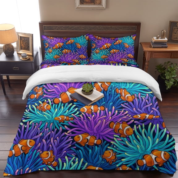 Coastal Orange Clownfish Coral Reef Queen Size Bed Set,Underwater World Bedding for All Seasons,4 Pcs Bed Set,1 Quiltcover (90"x90"),1 Sheet (90"x102"),2 Pillowcases (20"x30")