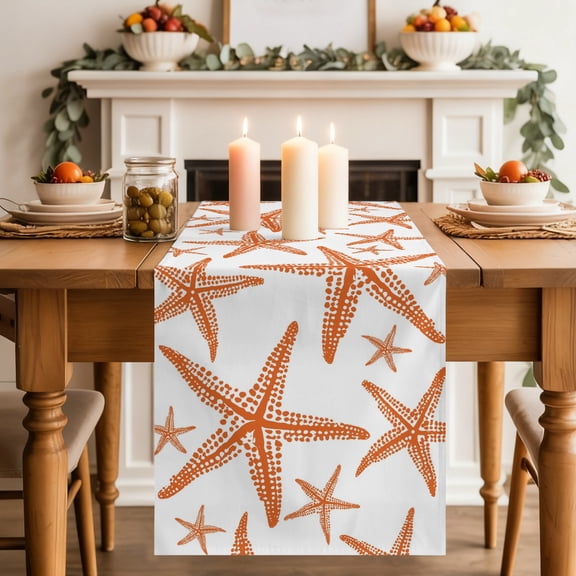 Coastal Orange Starfish Dining Table Runner, Nautical Minimalist Ocean Summer Washable Table Runners Kitchen Coffee Table Center Decor for Home Party Holiday Wedding 13 x 36 Inches
