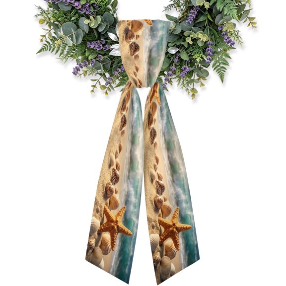 Coastal Orange Starfish Wreath Sash for Front Door, Rustic Pebbles Beach Crashing Waves Wreath Bow Holiday Garland Ribbon Wreath Accessories for Home Yard Porch Fall Christmas Decorations Gifts
