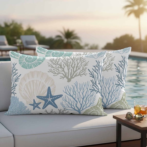 Coastal Outdoor Pillow Covers 20x12 Inch Lumbar Pillow Covers Set of 2 Waterproof Decorative Throw Pillow Cases Summer Beach Nautical Coral Starfish Cushion Covers for Patio Furniture Garden Couch