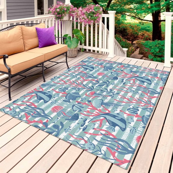Coastal Outdoor Rug for Patio/Deck/Porch, Non-Slip Large Area Rug 3 x 5 Ft, Summer Coral Tropical Jellyfish Stripe Fish Indoor Outdoor Rugs Washable Area Rugs, Reversible Camping Rug Carpet Runner